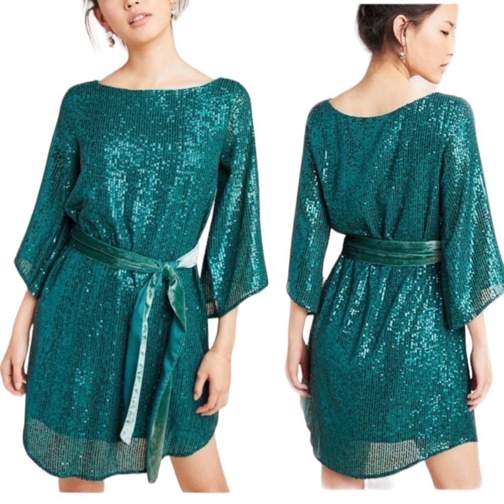 NWT Anthropologie All over sequin green dress size medium size M Christmas dress - Picture 15 of 15